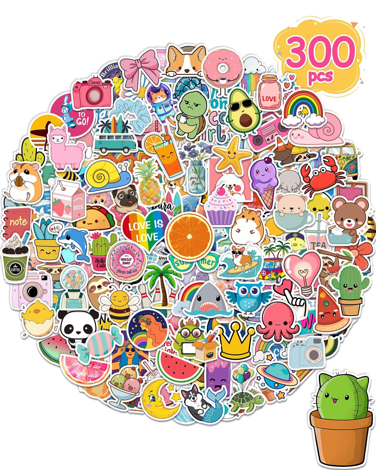 300 Pcs/Pack Water Bottle Stickers for Kids, Cute Vinyl Waterproof Stickers