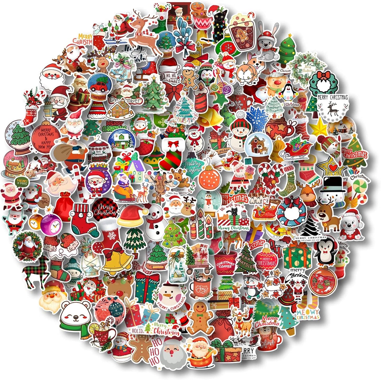 AOWDIAO 200 Pcs Cute Christmas Vinyl Stickers for Water Bottles, Scrapbooking & Crafts – Fun Holiday Party Favors, Xmas Gifts for Kids & Adults