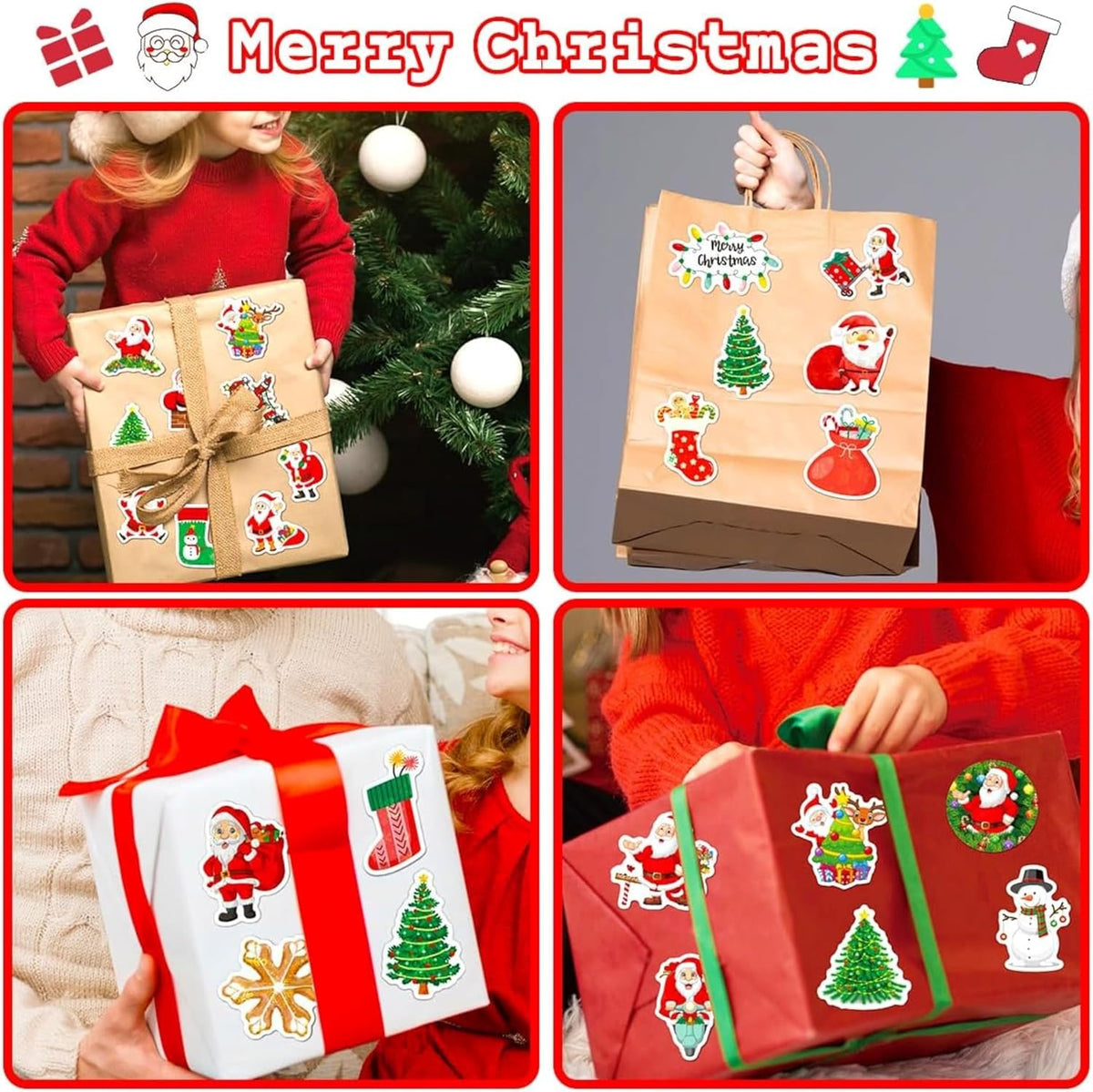 100 Non-Repeating Glitter Christmas Stickers, Assorted Vinyl Waterproof Holographic Winter Holiday Stickers for Christmas Decorations Envelopes Cards Sealing Craft Party Favors
