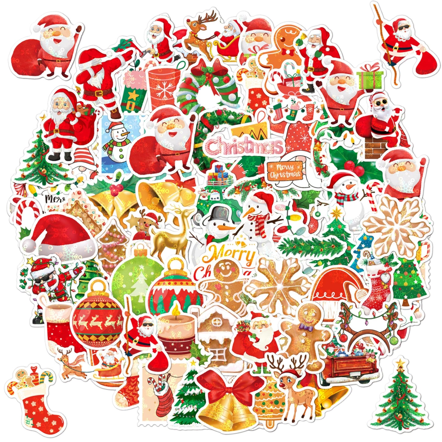 100 Non-Repeating Glitter Christmas Stickers, Assorted Vinyl Waterproof Holographic Winter Holiday Stickers for Christmas Decorations Envelopes Cards Sealing Craft Party Favors